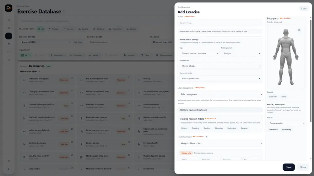Add Exercise drawer showing Base, equipment, training focus, Tracking mode and anatomy controls