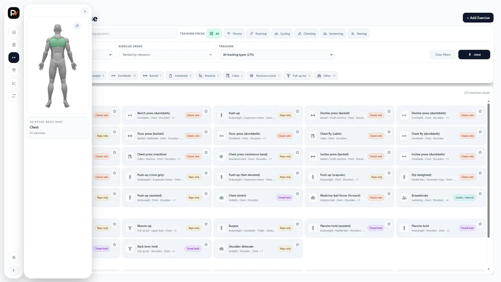 Exercise database with Chest selected on the body map