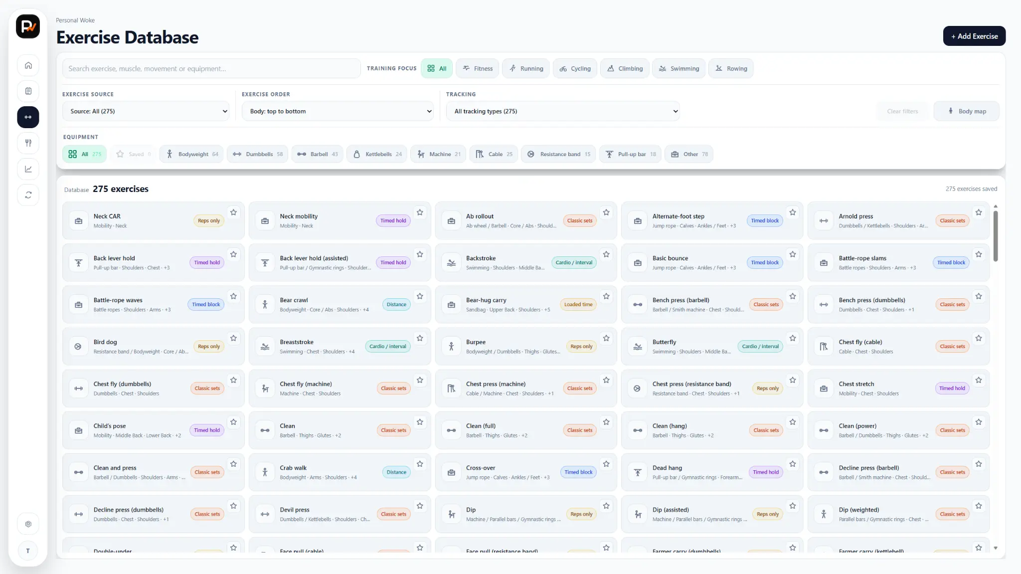 Exercise database with training focus, source, ordering, tracking and equipment filters