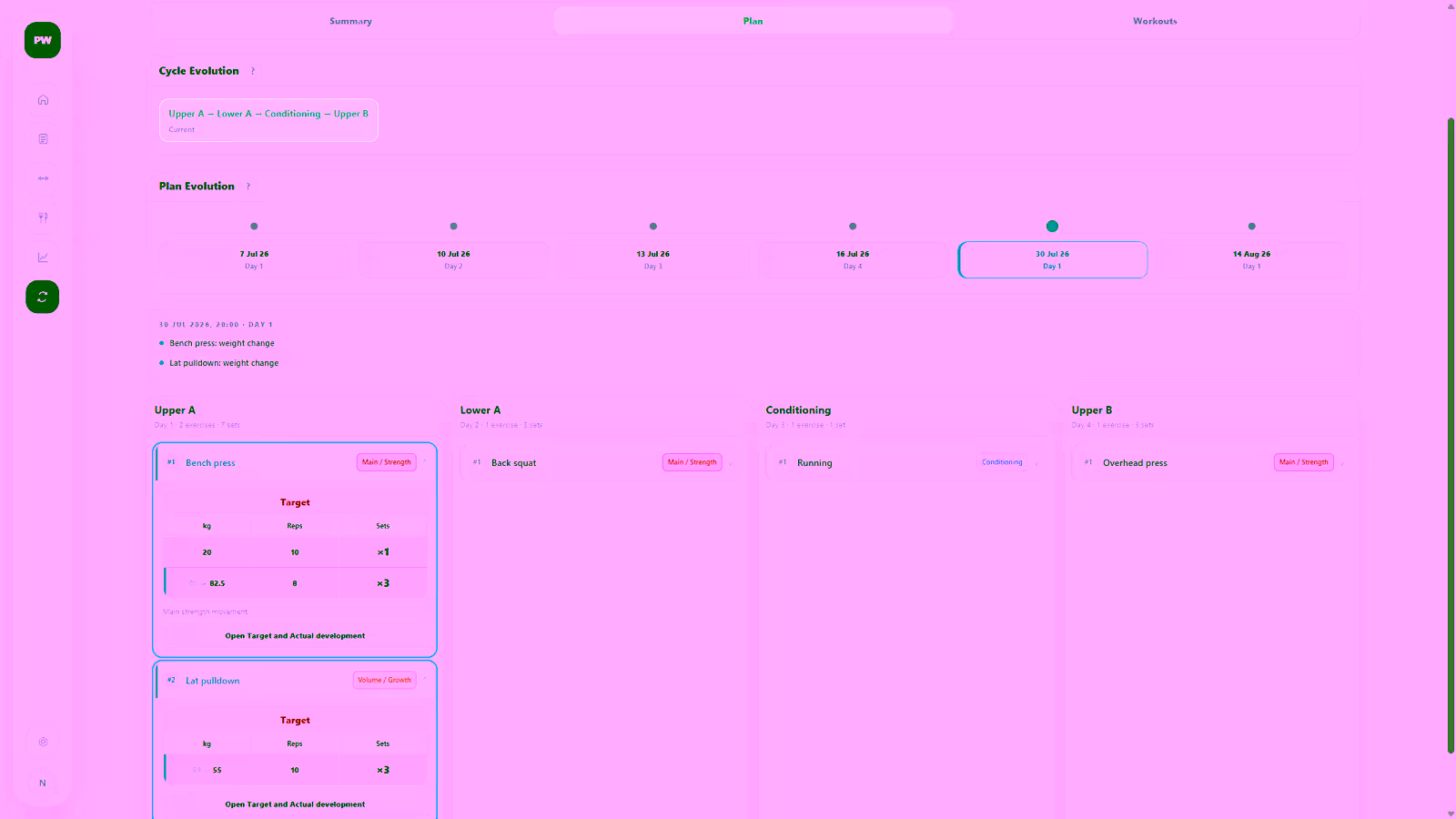 Earlier Plan Evolution version with saved exercises and Targets
