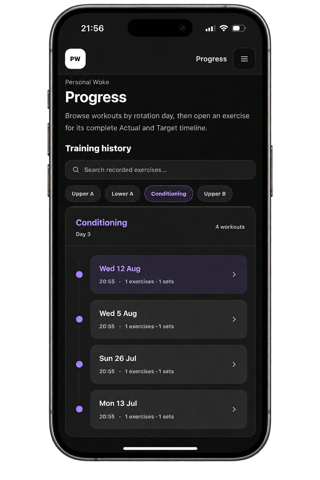 Exercise history screens on mobile